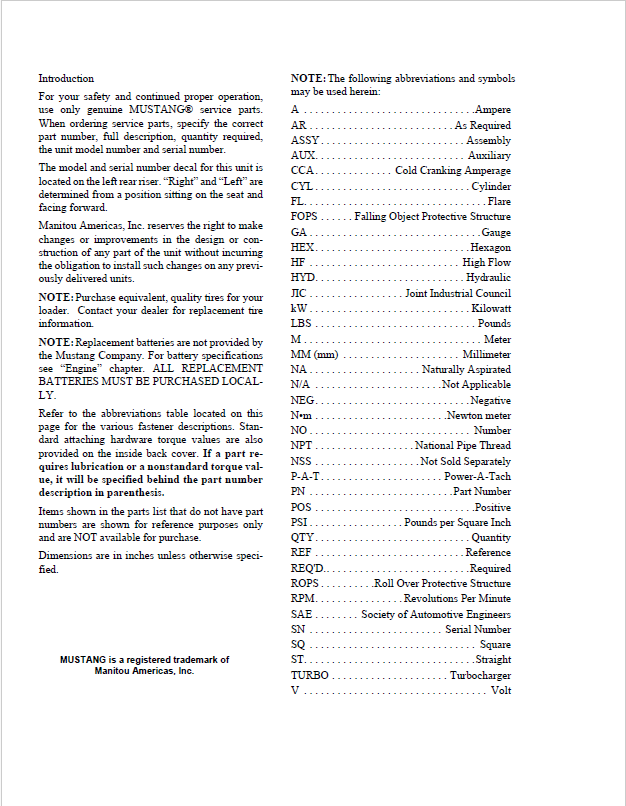 Mustang 2056 Series II Skid Steer Parts Catalog 50950013