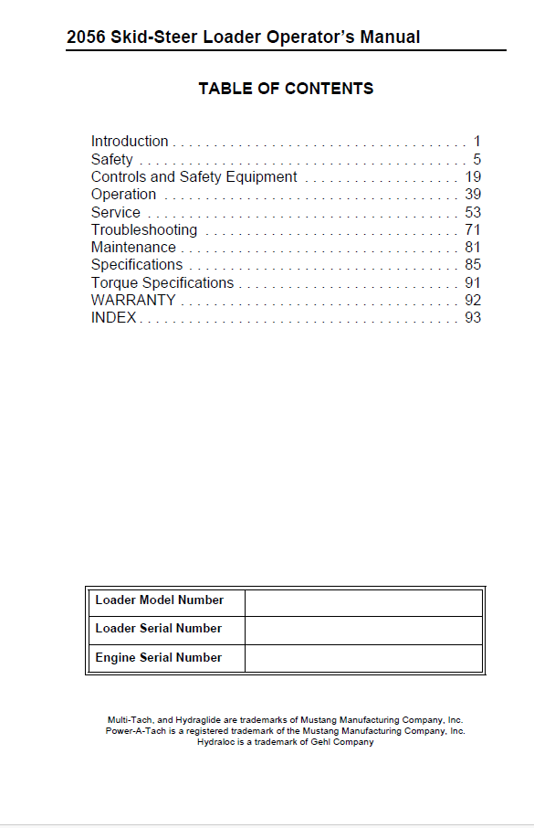 Mustang 2056 Skid-Steer Loader 917402 PDF Instruction Manual