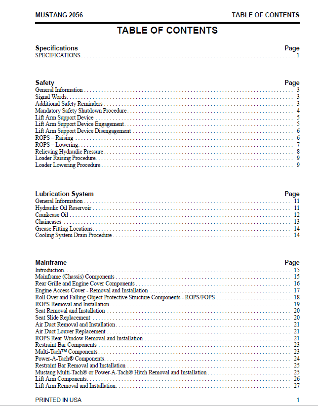 Mustang 2056 Skid Steer Repair & Maintenance Service Manual PDF
