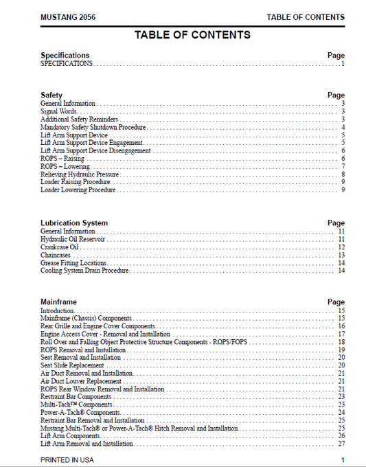 Mustang 2056 Skid Steer Repair & Maintenance Service Manual PDF