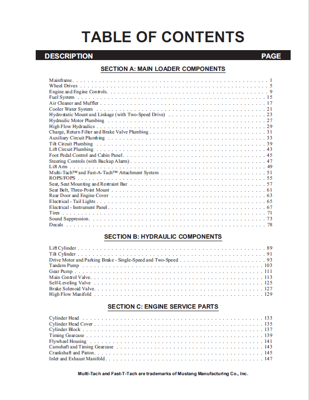 Mustang 2064/2074 Skid-Steer Loader Spare Parts Catalog Manual