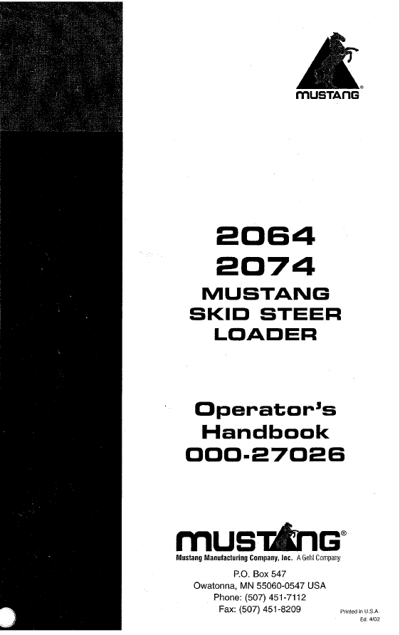 Mustang 2064 & 2074 Skid Steer Loader Operator Manual 000-27026 PDF