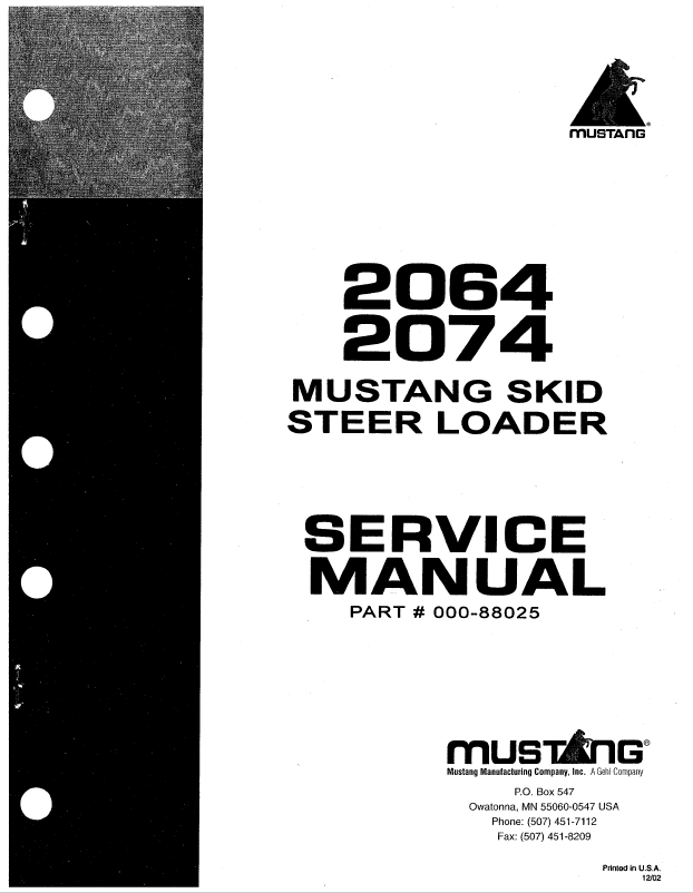Mustang 2064 & 2074 Skid Steer Loader Operator Manual 000-27026 PDF