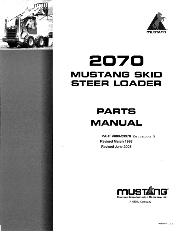Mustang 2070 Skid Steer Loader Parts Catalog Manual 000-23978 PDF Download