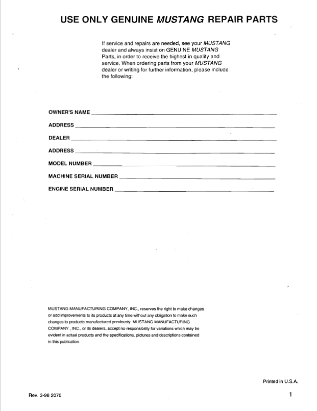Mustang 2070 Skid Steer Loader Parts Manual 000-23978 Complete Catalog