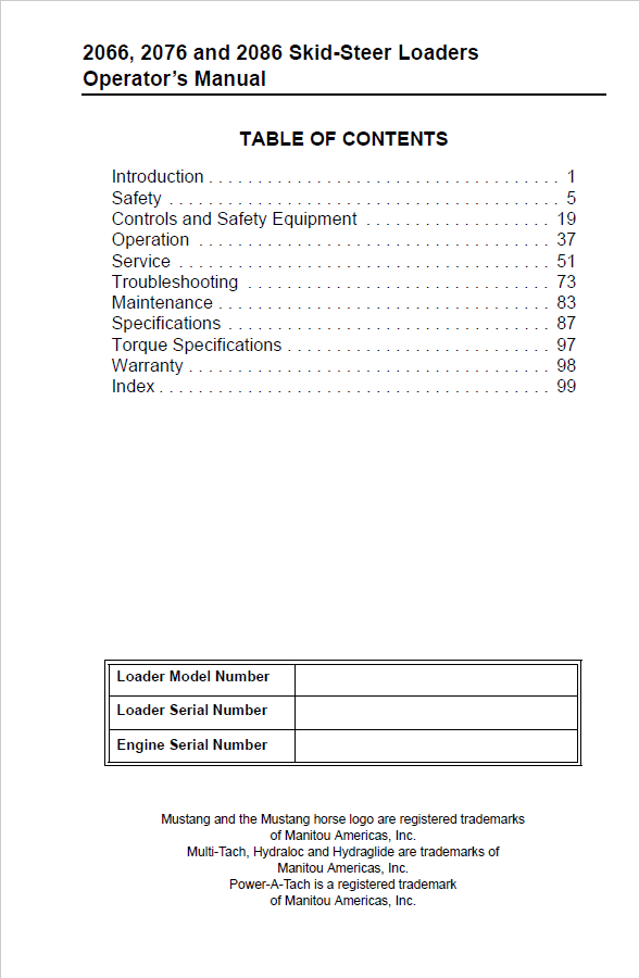 Mustang 2076 [EU] and 2086 [EU] Skid-Steer Loader User & Operation Manual