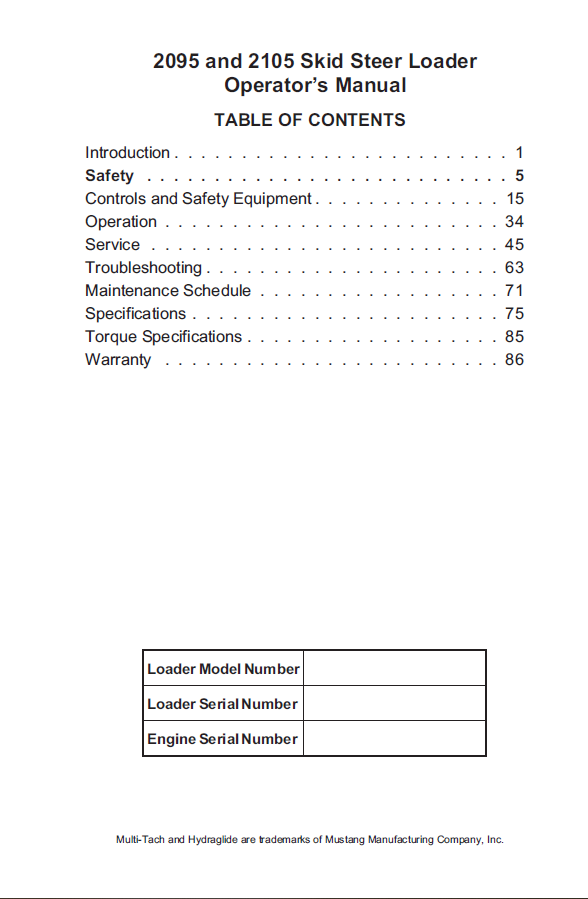 Mustang 2095 / 2105 Skid Steer Loader Part 908277 PDF Manual