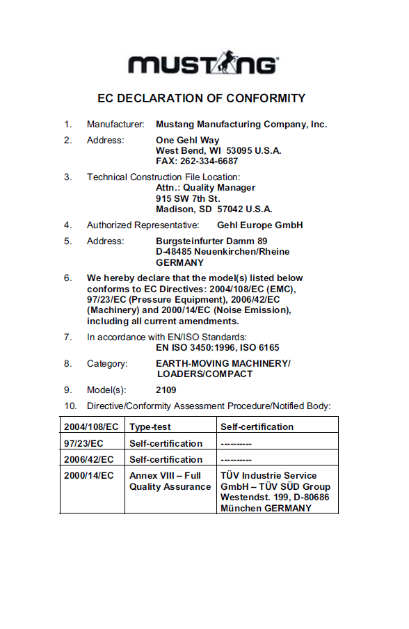 Mustang 2109 Skid-Steer Loader Instruction Manual 917247
