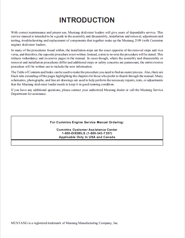 Mustang 2109 Skid Steer Repair & Maintenance Manual 917229 PDF