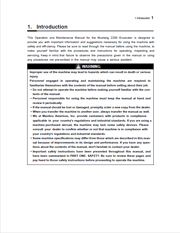 Mustang 250Z Compact Excavator 50940255 Operator & Service Manual PDF
