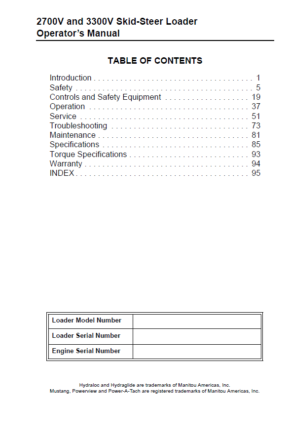 Mustang 2700V [EU] & 3300V [EU] Skid-Steer PDF Manual