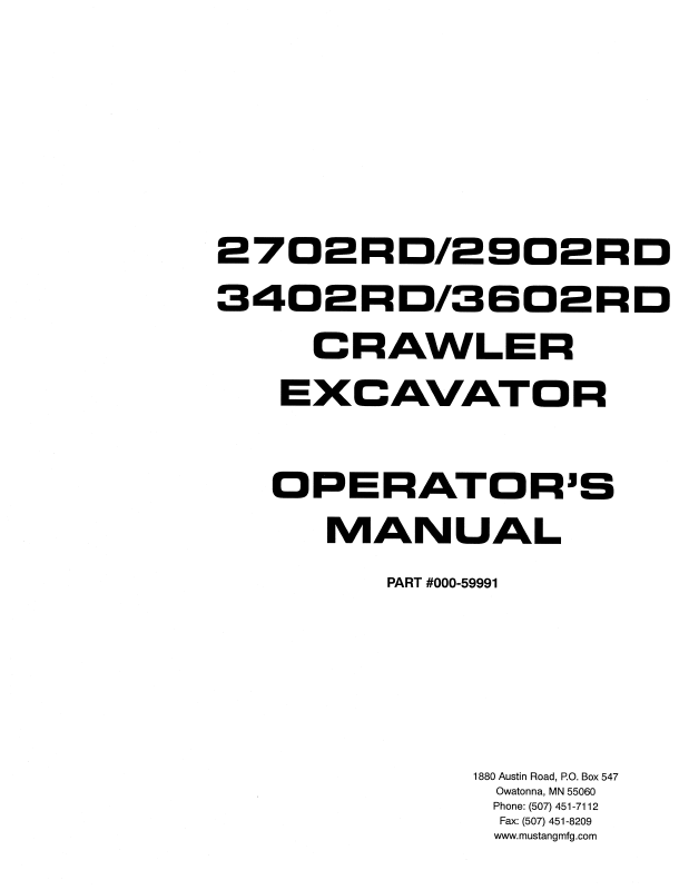 Mustang 2702RD, 2902RD, 3402RD, 3602RD Crawler Excavator Operator Manual (000-59991) - PDF