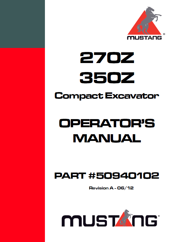 Mustang 270Z & 350Z Compact Excavator Operator Manual PDF 50940102