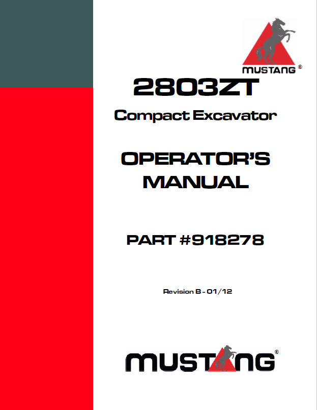 Mustang 2803ZT Compact Excavator Operator Manual 918278 PDF Download