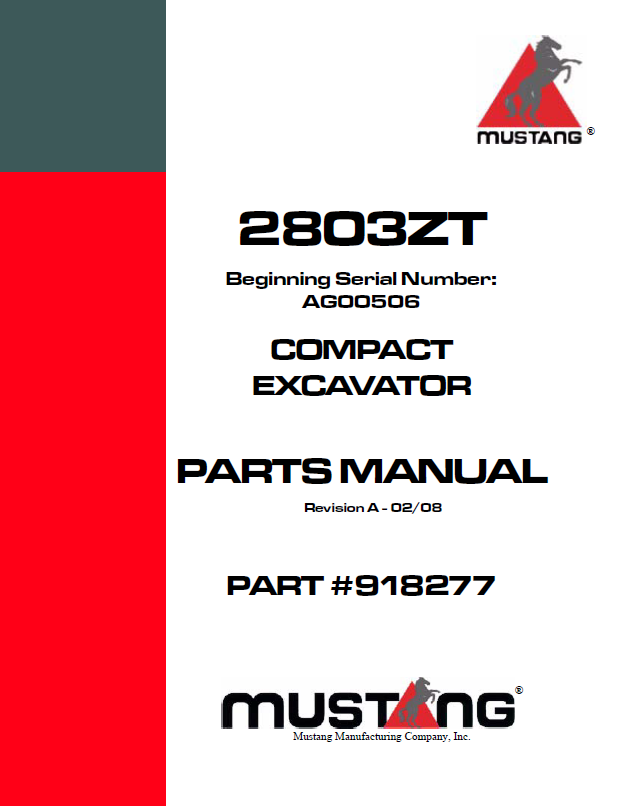 Mustang 2803ZT Compact Excavator Parts Catalog Manual 918277 PDF