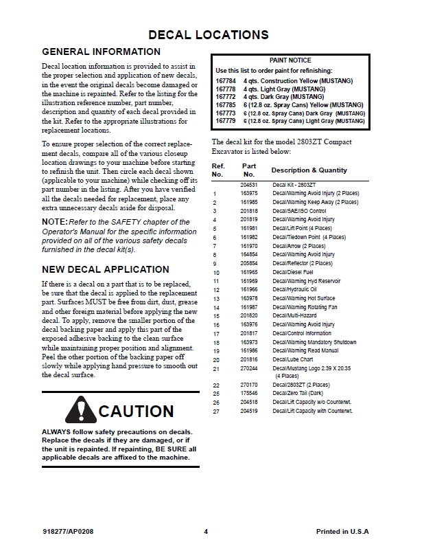 Mustang 2803ZT Compact Excavator Parts Manual PDF | Model 918277