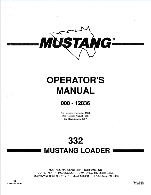 Mustang 332 Loader Operator Manual 000-12836 PDF Download