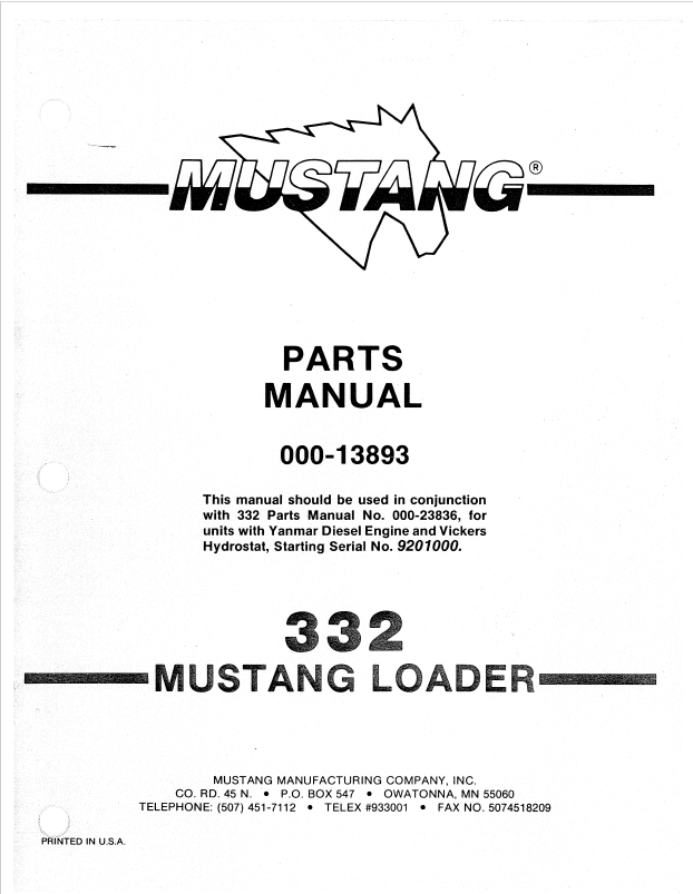 Mustang 332 Loader Parts Catalog Manual 000-13893 PDF Download