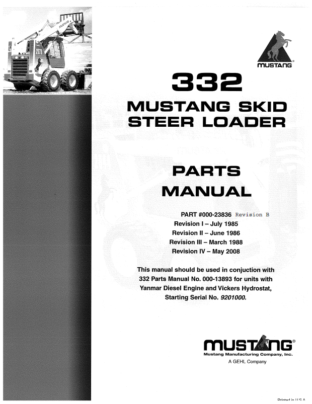 Mustang 332 Skid Steer Loader Parts Catalog Manual 000-23836 PDF