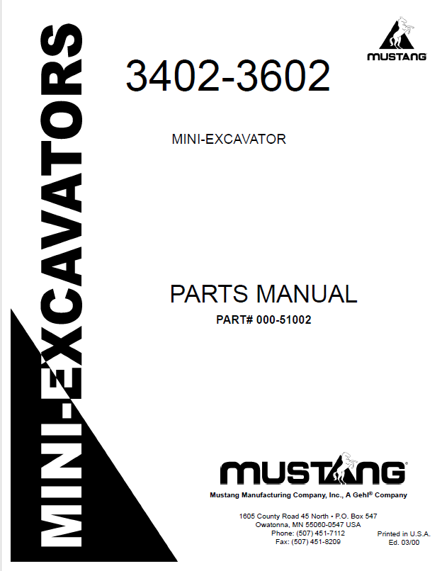 Mustang 3402 & 3602 Mini Excavator Parts Catalog Manual PDF 000-51002
