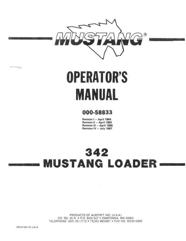 Mustang 342 Loader Operator Manual (000-58833) - PDF Download