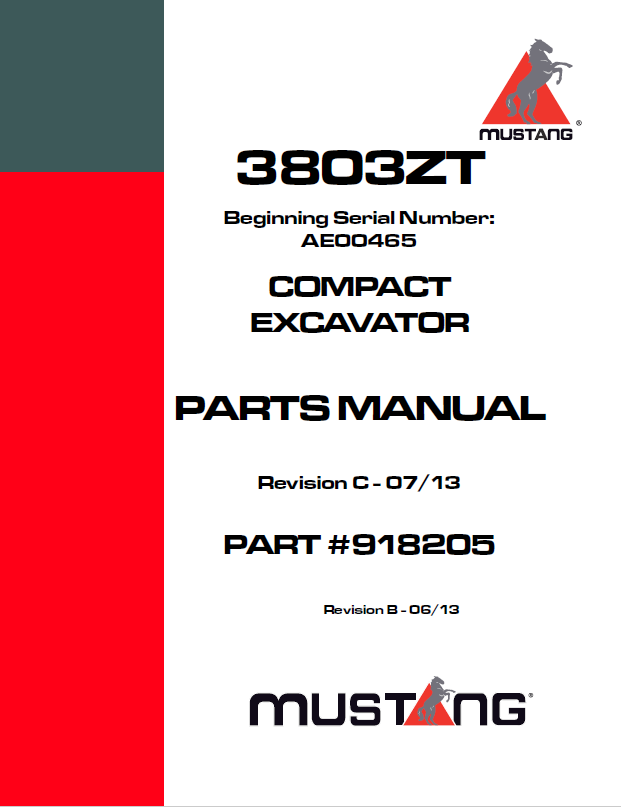 Mustang 3803ZT Compact Excavator Parts Catalog Manual 918205 PDF