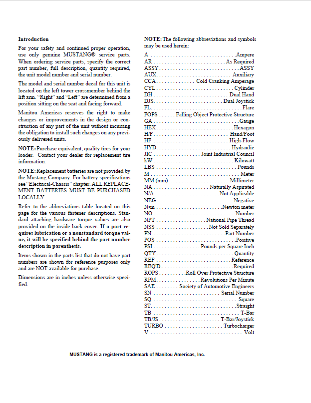 Mustang 4000V Skid Steer Parts Catalog & Manual (50950003)