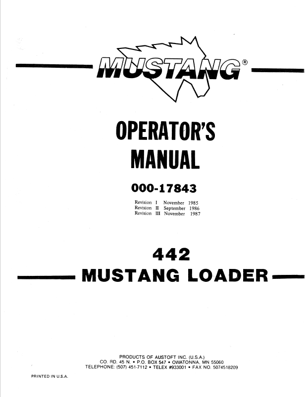 Mustang 442 Loader Operator Manual 000-17843 (PDF Download)