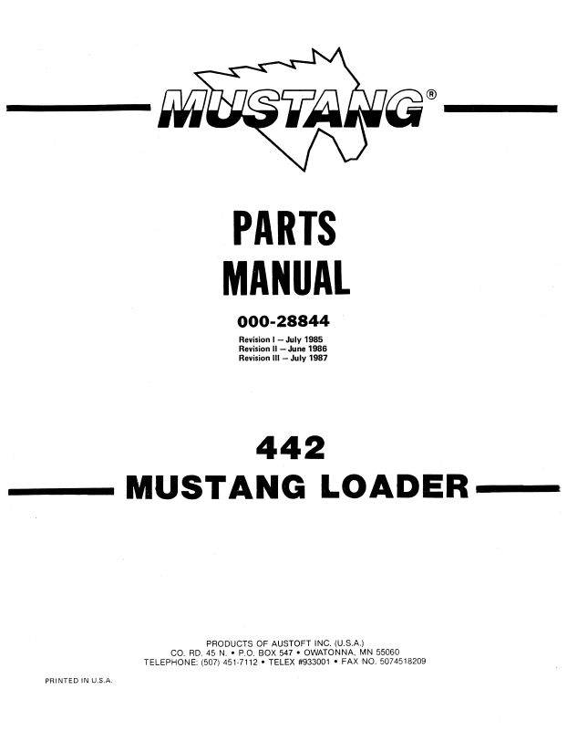 Mustang 442 Skid Steer Loader Parts Catalog Manual 000-28844C PDF