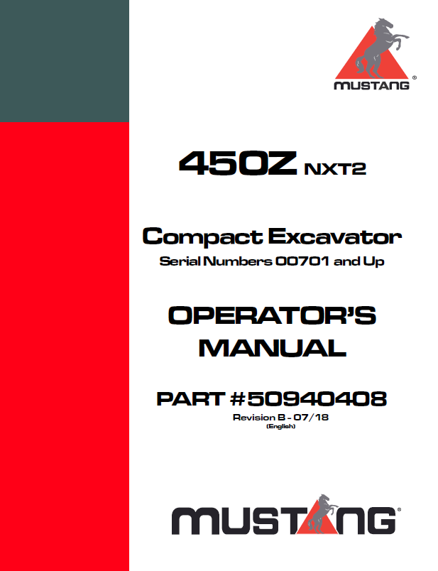 Mustang 450Z NXT2 Compact Excavator Operator Manual 50940408 PDF