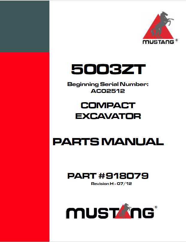 Mustang 5003ZT Compact Excavator Parts Catalog Manual 918079 PDF