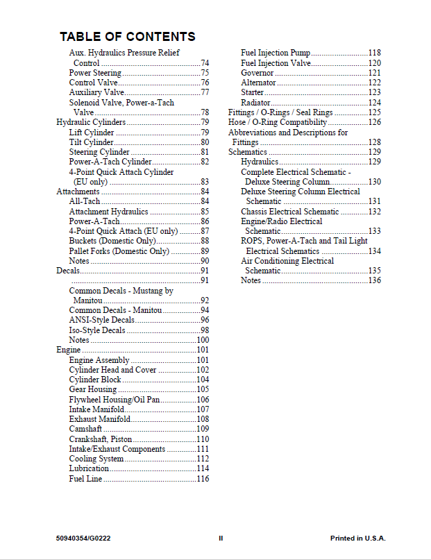 Mustang 506 MLA-5 Articulated Loader OEM Parts Catalog Manual