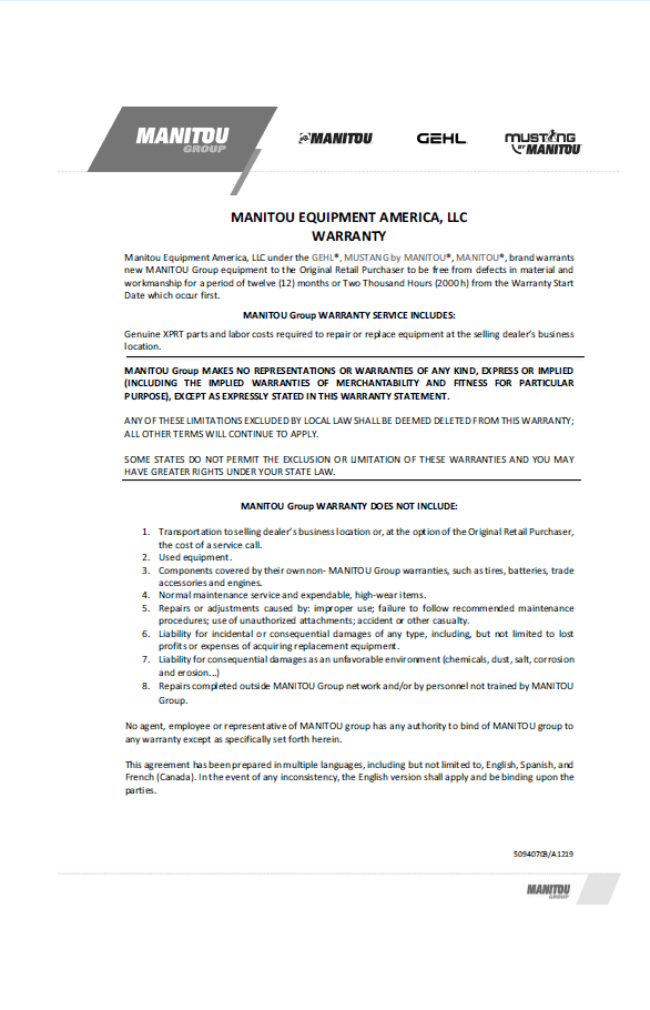 Mustang 50950152 Operator Manual for 2700V & 3300V NXT2 Skid Steers