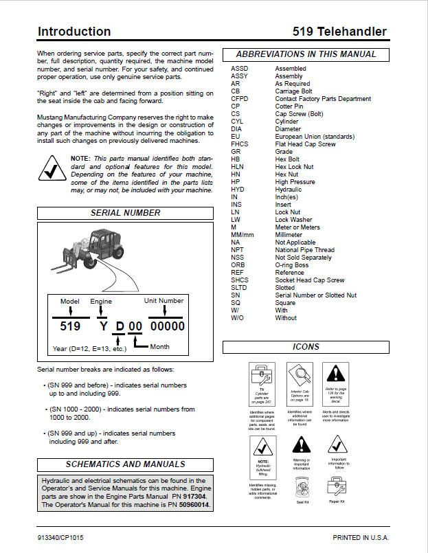 Mustang 519 Parts Catalog 913340 – OEM Telehandler Manual PDF
