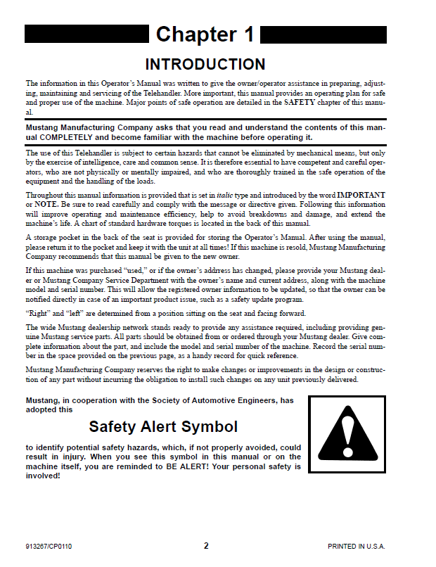 Mustang 519 Telehandler Manual - Part Number 913267
