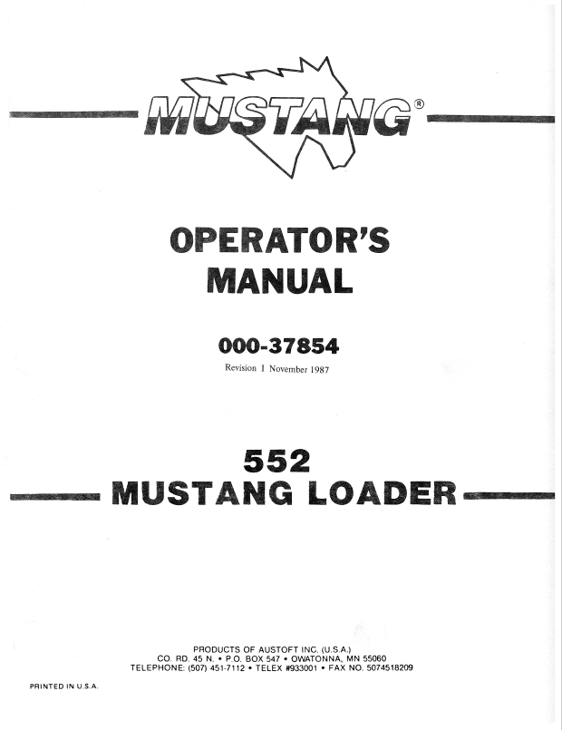 Mustang 552 Loader Operator Manual 000-37854 PDF Download