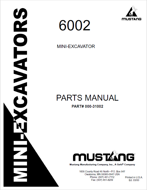 Mustang 6002 Mini Excavator Parts Catalog Manual 000-31002 PDF