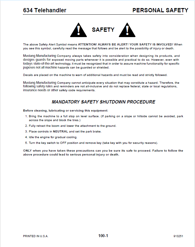 Mustang 634 913251 Telehandler Service Manual – Repair Guide