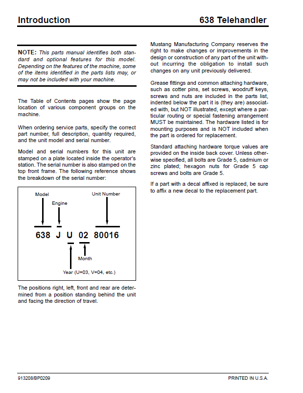 Mustang 638 Telehandler Parts Manual 913208 – Complete PDF Guide