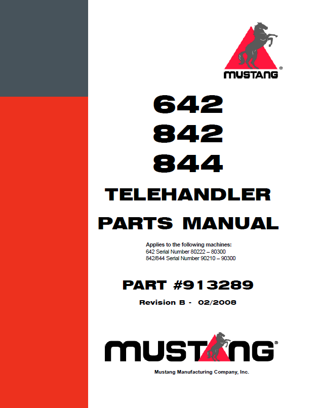 Mustang 642 842 844 Telehandler Parts Catalog Manual 913289 PDF Download
