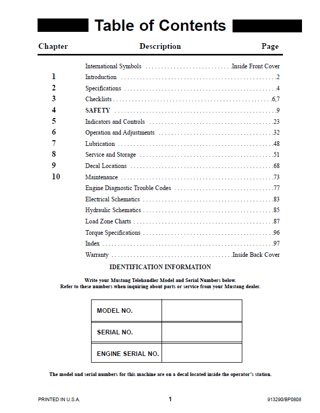 Mustang 744, 944, 1155 Telehandler Operation & Maintenance Manual