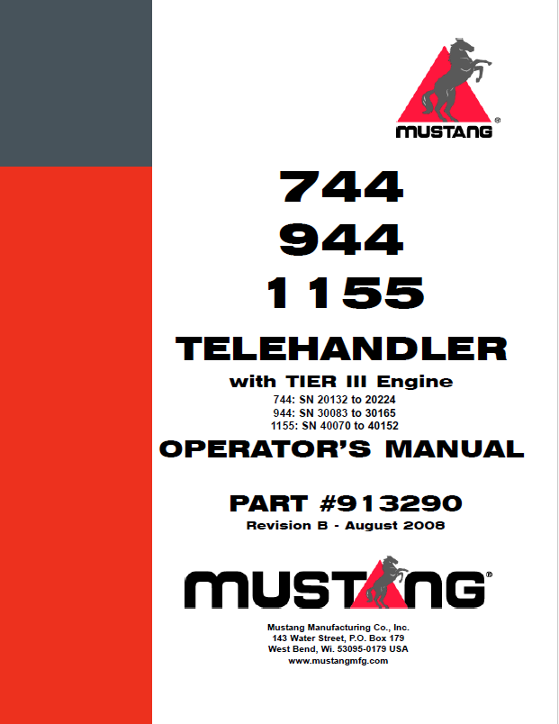 Mustang 744, 944, 1155 Telehandler Tier III Operator Manual (913290)