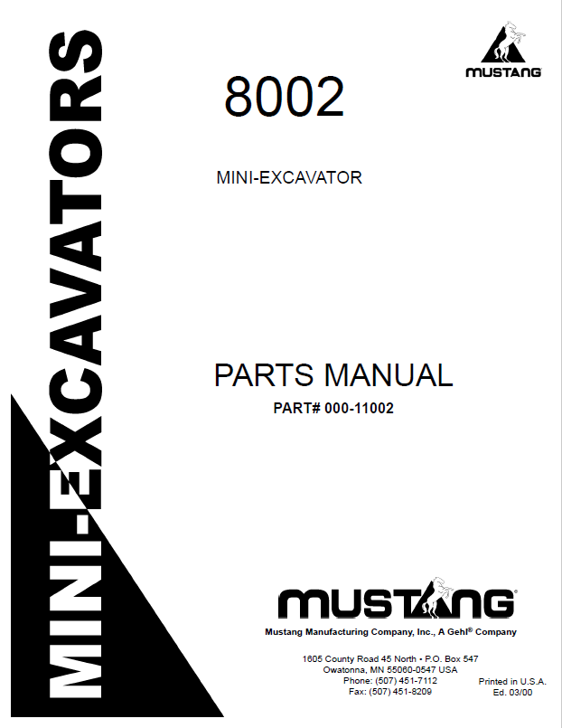 Mustang 8002 Mini Excavator Parts Catalog Manual 000-11002 PDF Download