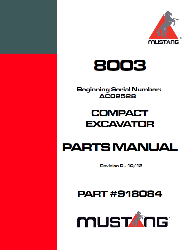 Mustang 8003 Compact Excavator Parts Catalog Manual 918084 PDF