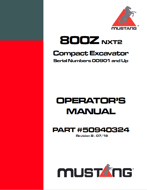 Mustang 800Z NXT2 Compact Excavator Operator Manual 50940324 PDF