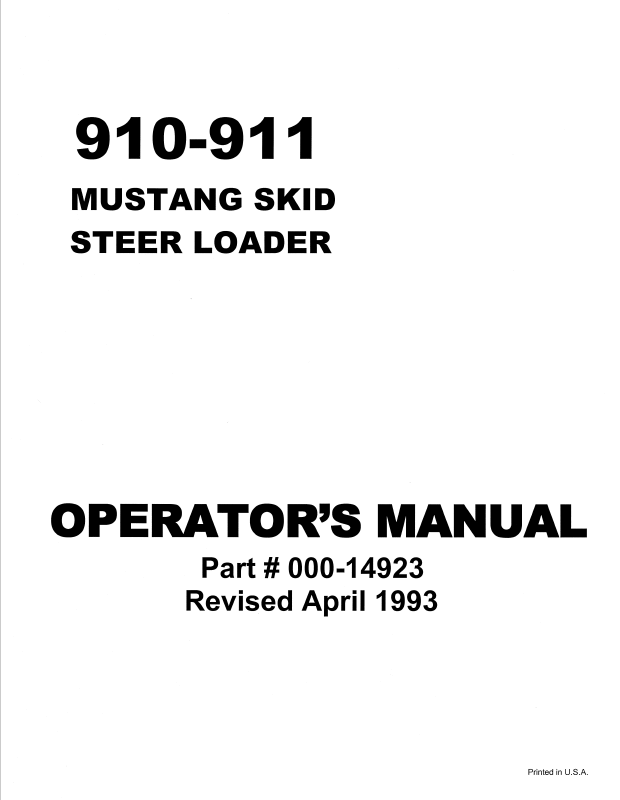 Mustang 910-911 Skid Steer Loader Operator Manual 000-14923 PDF