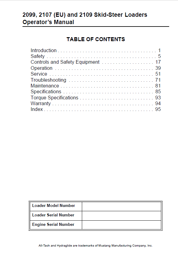 Mustang 917035 Skid-Steer Loader 2099, 2107, 2109 User Guide PDF