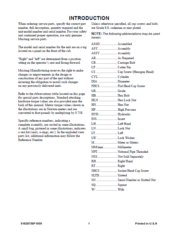 Mustang 918287 Compact Excavator Attachment Parts Manual Download