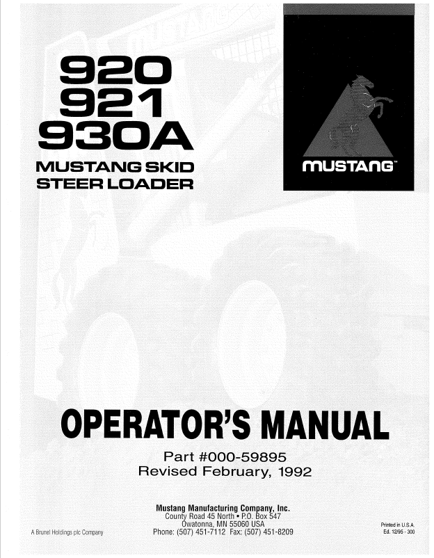 Mustang 920, 921, 930A Skid Steer Loader Operator Manual (000-59895)