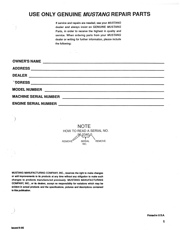 Mustang 940 E-Series Loader Parts Catalog Manual 001-06958 Complete PDF